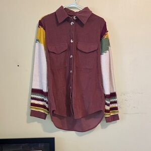 Easel Multicolor Button-Up Shirt with Striped Sleeves